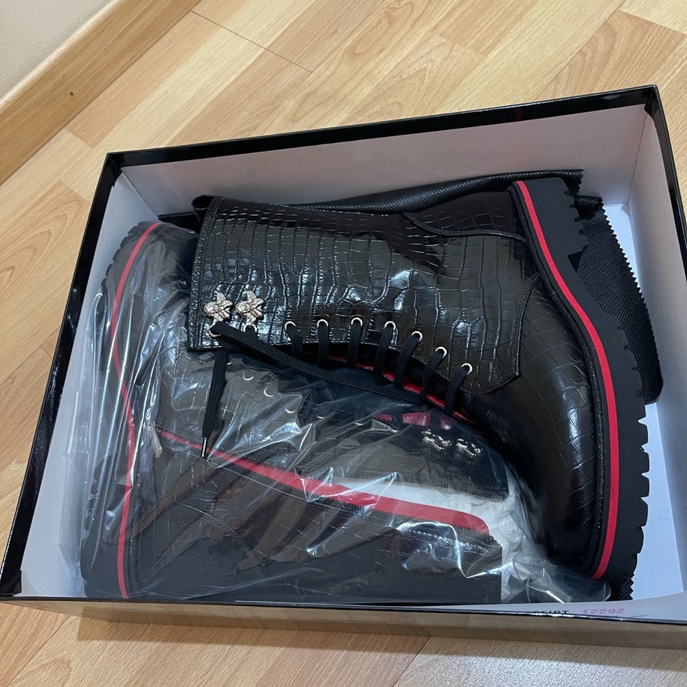 Stunning Black Crocodile Pattern Women's Combat Boots with Red Accents. - Picture 9 of 11